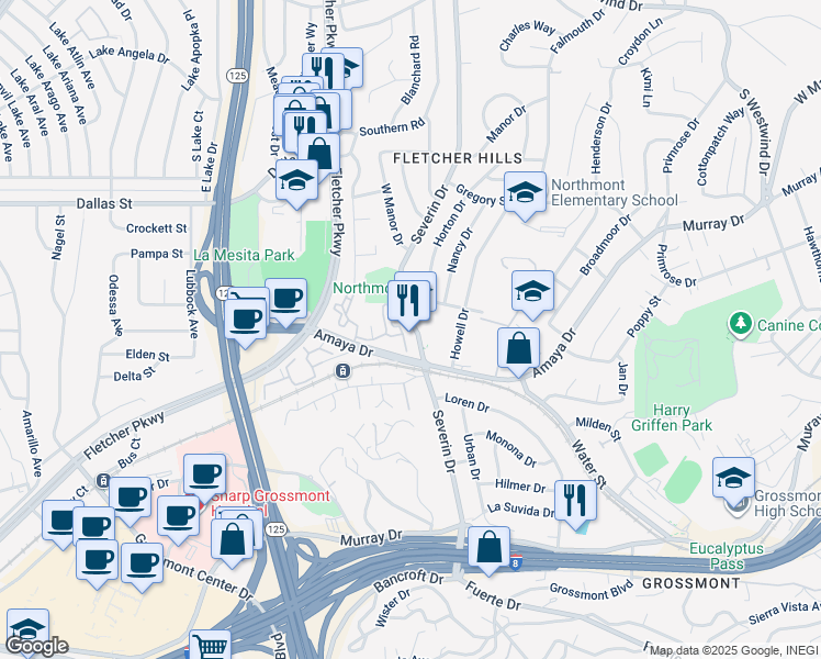 map of restaurants, bars, coffee shops, grocery stores, and more near 5636 Amaya Drive in La Mesa