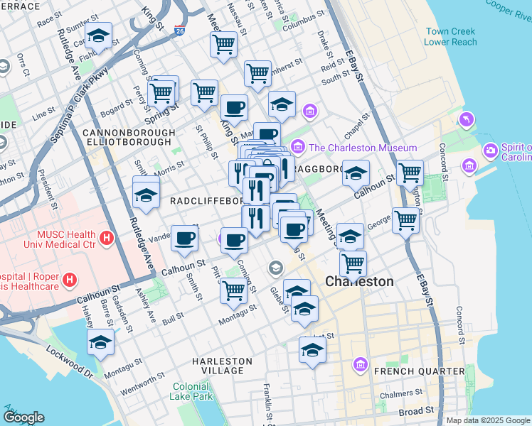 map of restaurants, bars, coffee shops, grocery stores, and more near 1 Vanderhorst Street in Charleston