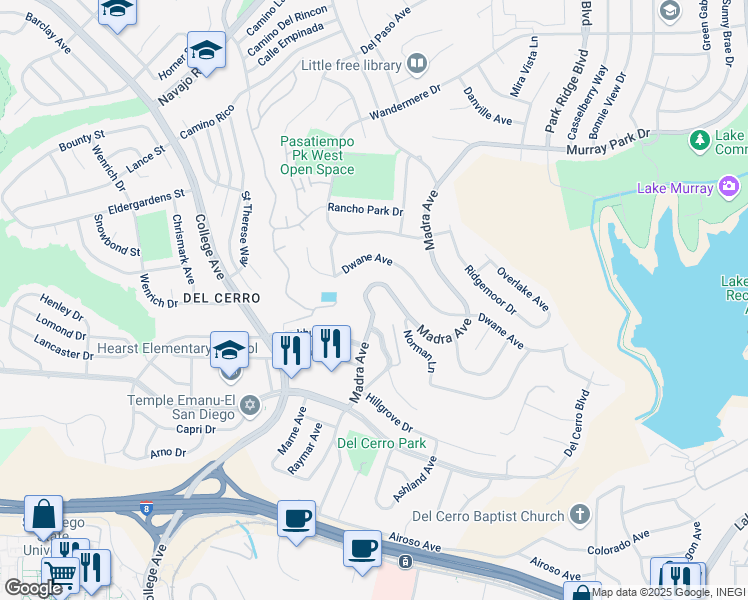 map of restaurants, bars, coffee shops, grocery stores, and more near 5865 Madra Avenue in San Diego