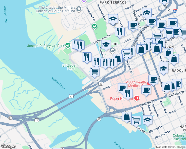 map of restaurants, bars, coffee shops, grocery stores, and more near 10 Westedge Street in Charleston