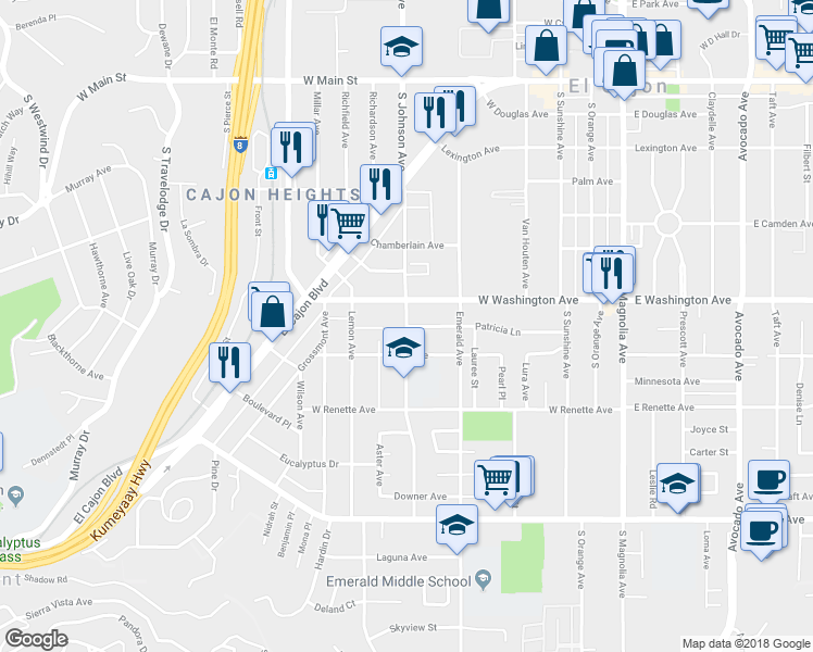 map of restaurants, bars, coffee shops, grocery stores, and more near South Johnson Avenue & Patricia Lane in El Cajon