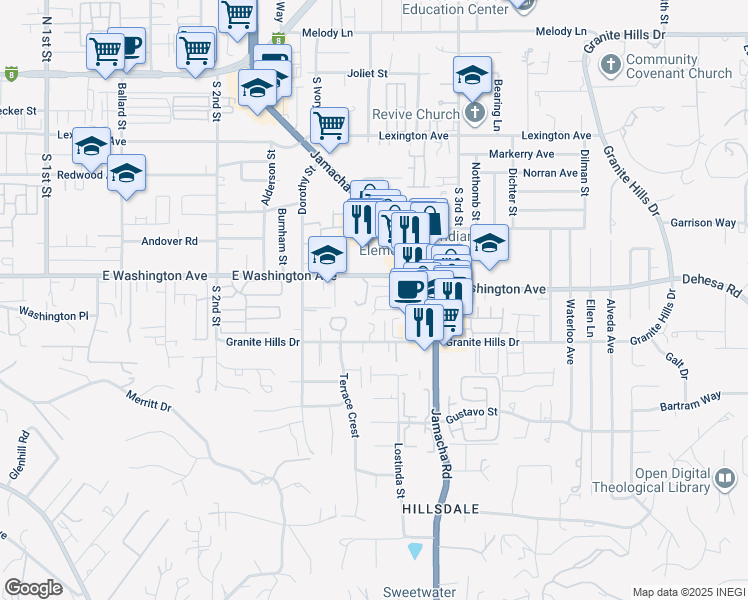 map of restaurants, bars, coffee shops, grocery stores, and more near 1423 East Washington Avenue in El Cajon