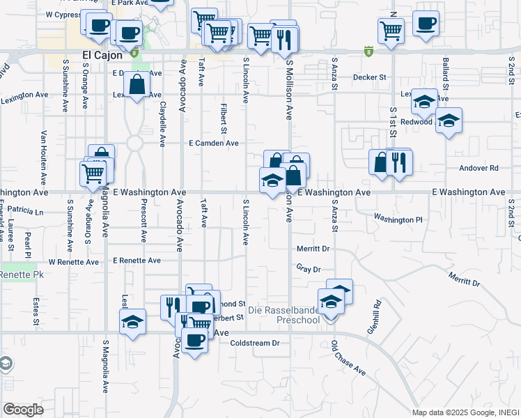 map of restaurants, bars, coffee shops, grocery stores, and more near 733 South Lincoln Avenue in El Cajon