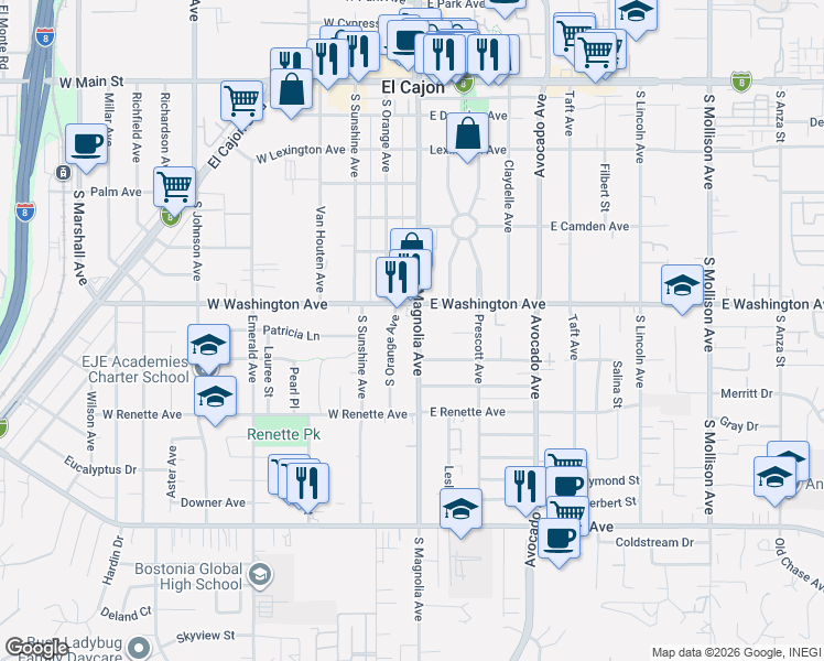 map of restaurants, bars, coffee shops, grocery stores, and more near 718 South Magnolia Avenue in El Cajon