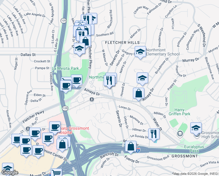 map of restaurants, bars, coffee shops, grocery stores, and more near 5923 Severin Drive in La Mesa