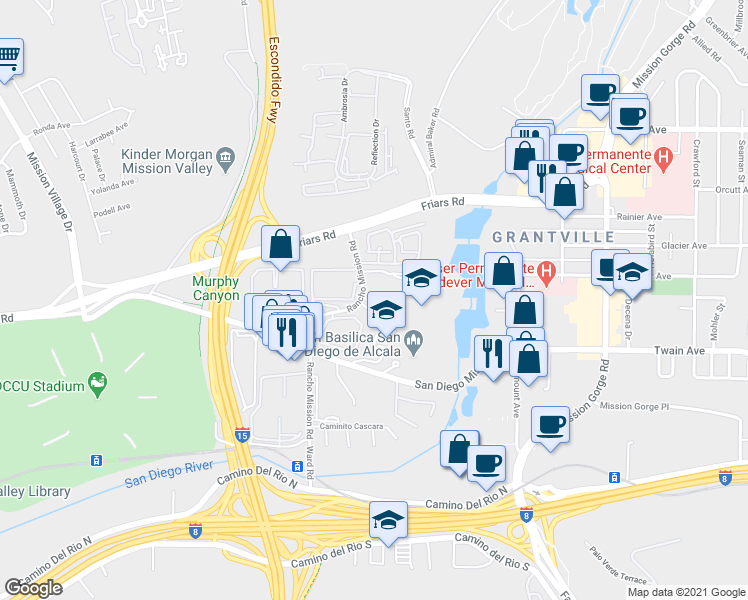 map of restaurants, bars, coffee shops, grocery stores, and more near 6255 Rancho Mission Road in San Diego