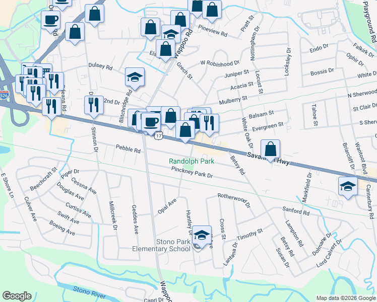 map of restaurants, bars, coffee shops, grocery stores, and more near 1724 Pearlott Street in Charleston