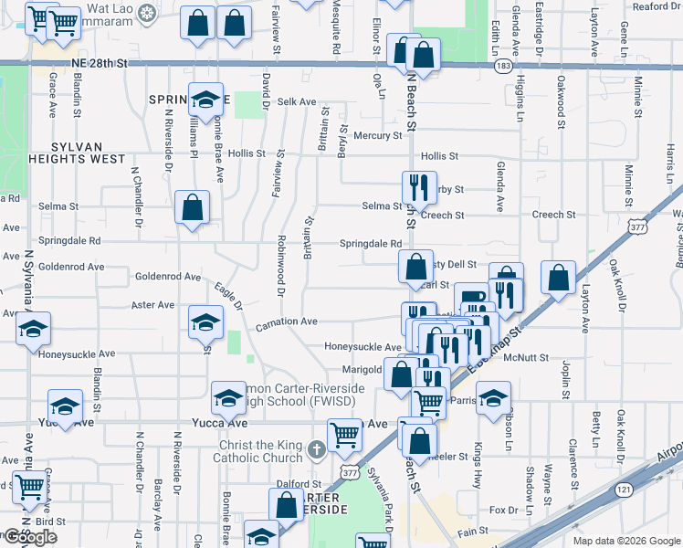 map of restaurants, bars, coffee shops, grocery stores, and more near 3712 Springdale Road in Fort Worth