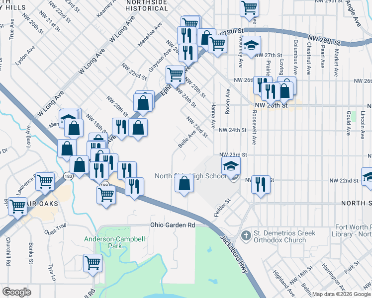 map of restaurants, bars, coffee shops, grocery stores, and more near 2117 Northwest 22nd Street in Fort Worth