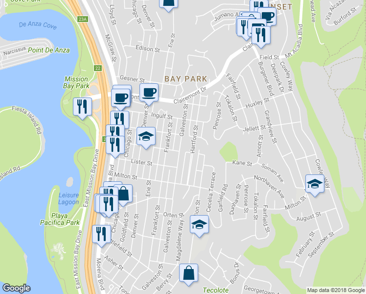 map of restaurants, bars, coffee shops, grocery stores, and more near 2415 Galveston Street in San Diego