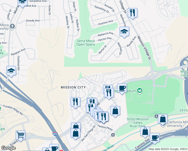 map of restaurants, bars, coffee shops, grocery stores, and more near 2753 Bellezza Drive in San Diego