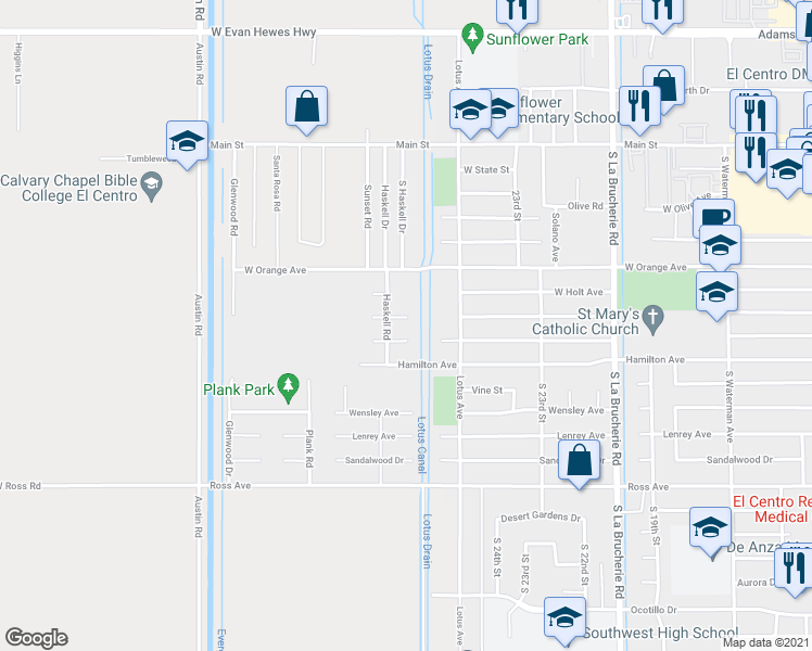 map of restaurants, bars, coffee shops, grocery stores, and more near 2625 Heil Circle in El Centro