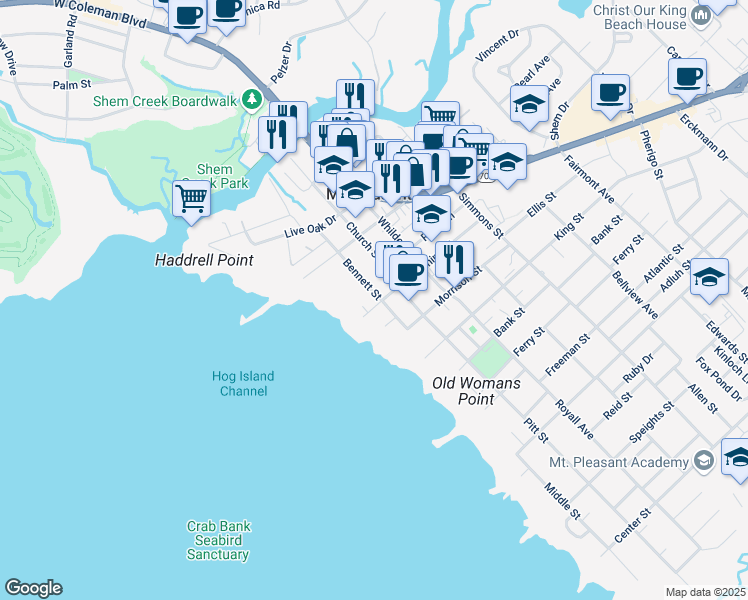 map of restaurants, bars, coffee shops, grocery stores, and more near 245 Bennett Street in Mount Pleasant