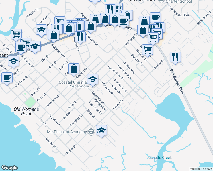 map of restaurants, bars, coffee shops, grocery stores, and more near 1434 Mataoka Street in Mount Pleasant