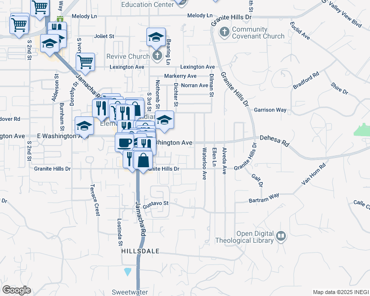 map of restaurants, bars, coffee shops, grocery stores, and more near 1581 East Washington Avenue in El Cajon