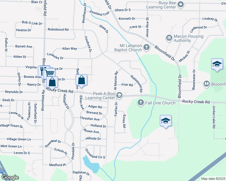 map of restaurants, bars, coffee shops, grocery stores, and more near 2377 West Marion Road in Macon