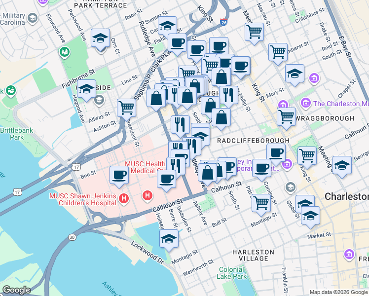 map of restaurants, bars, coffee shops, grocery stores, and more near 173 Rutledge Avenue in Charleston