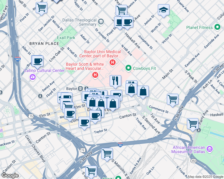 map of restaurants, bars, coffee shops, grocery stores, and more near 232 North Trunk Avenue in Dallas