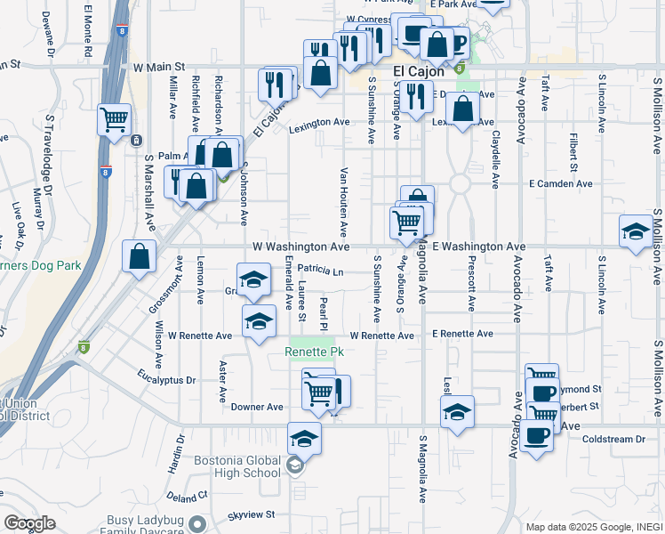 map of restaurants, bars, coffee shops, grocery stores, and more near 422 Patricia Lane in El Cajon