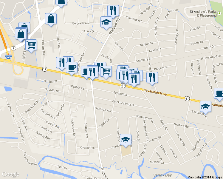 map of restaurants, bars, coffee shops, grocery stores, and more near 1724 Pearlott St in Charleston