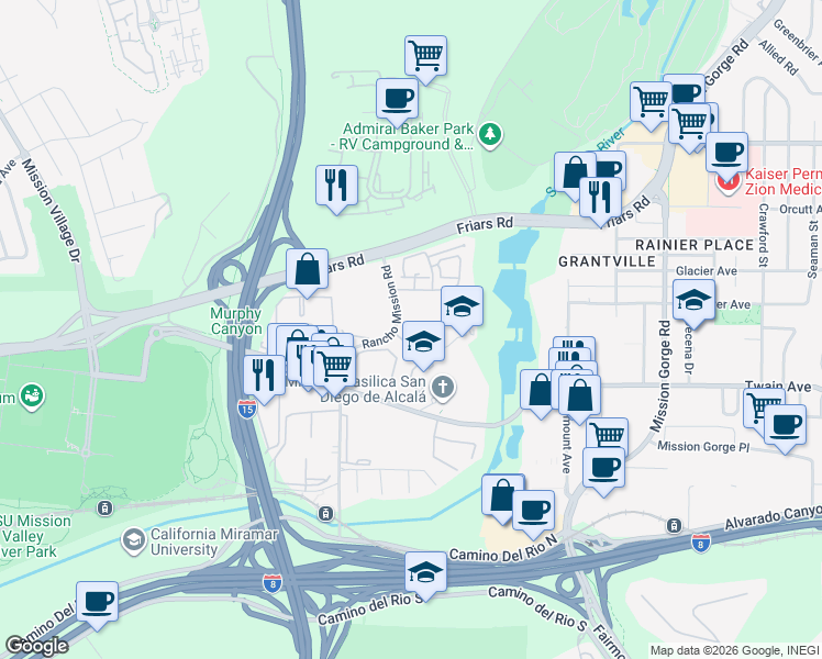 map of restaurants, bars, coffee shops, grocery stores, and more near 6255 Rancho Mission Road in San Diego