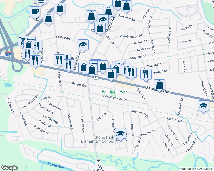 map of restaurants, bars, coffee shops, grocery stores, and more near 1724 Pearlott Street in Charleston