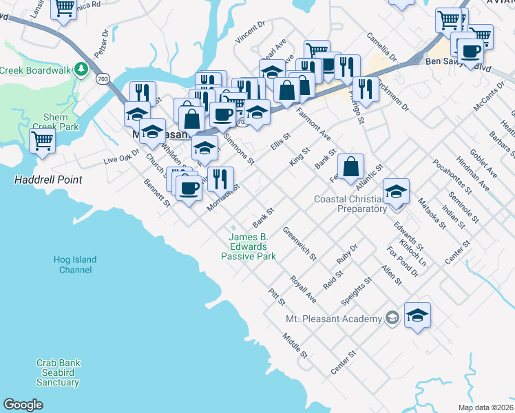 map of restaurants, bars, coffee shops, grocery stores, and more near 209 Greenwich Street in Mount Pleasant