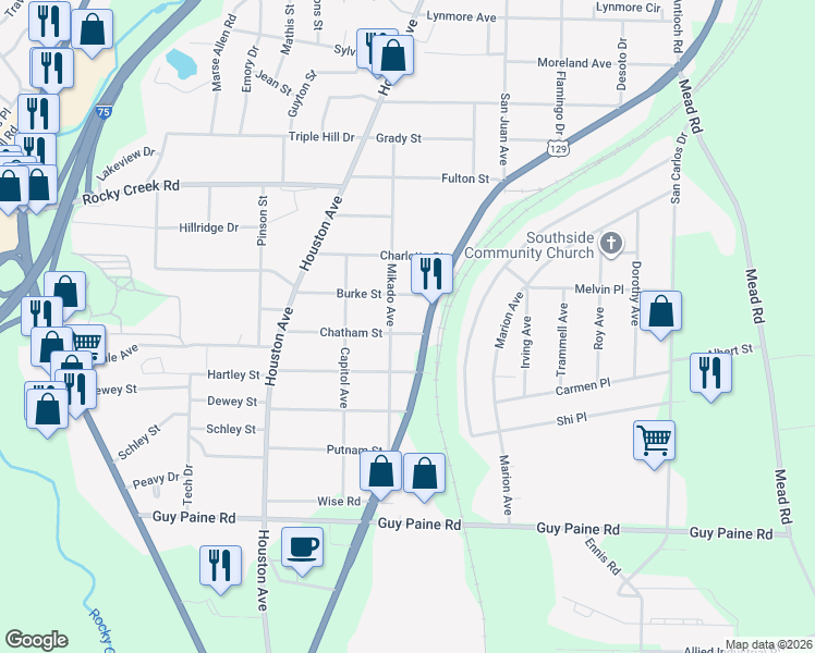 map of restaurants, bars, coffee shops, grocery stores, and more near 851 Chatham Street in Macon