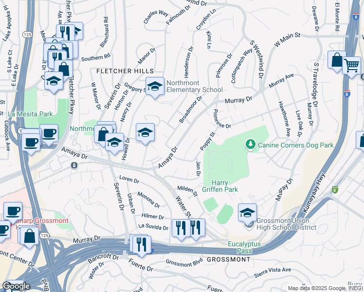 map of restaurants, bars, coffee shops, grocery stores, and more near 5987 Amaya Drive in La Mesa