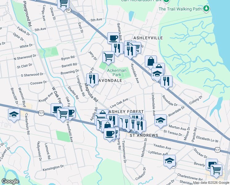 map of restaurants, bars, coffee shops, grocery stores, and more near 45 Sycamore Avenue in Charleston