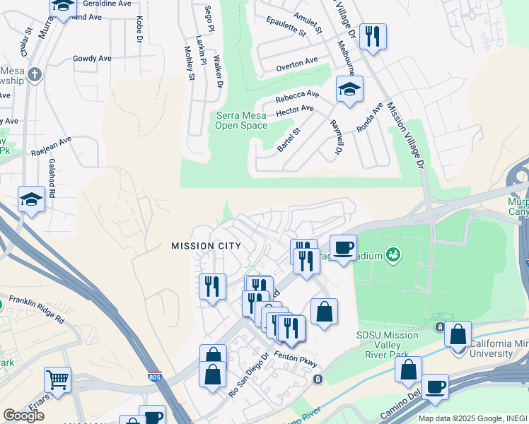 map of restaurants, bars, coffee shops, grocery stores, and more near 2753 Bellezza Drive in San Diego