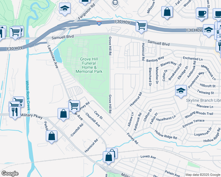 map of restaurants, bars, coffee shops, grocery stores, and more near 2900 Grove Hill Road in Dallas