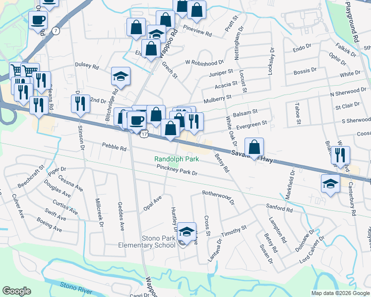 map of restaurants, bars, coffee shops, grocery stores, and more near 1669 Savannah Highway in Charleston