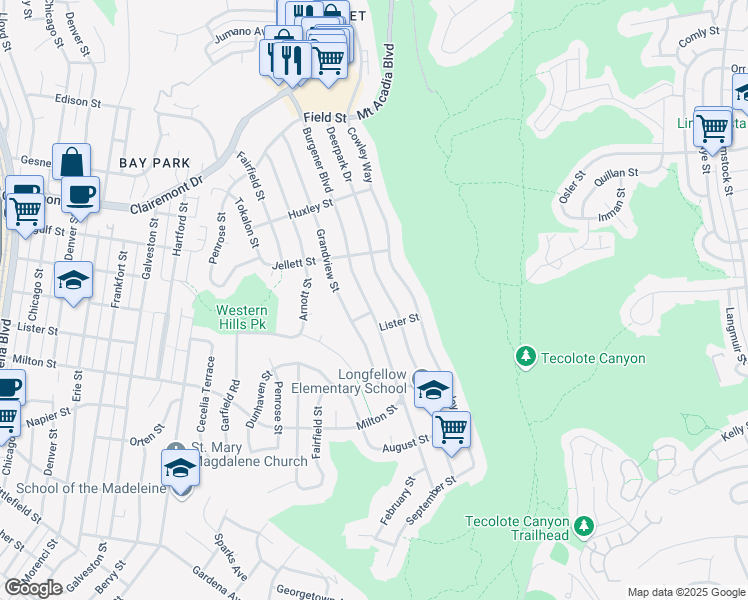 map of restaurants, bars, coffee shops, grocery stores, and more near 2511 Burgener Blvd in San Diego
