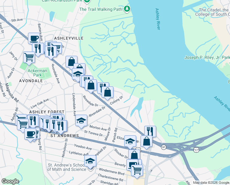 map of restaurants, bars, coffee shops, grocery stores, and more near 848 Colony Drive in Charleston