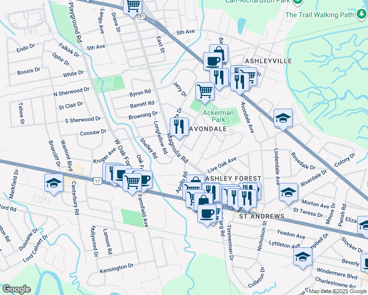 map of restaurants, bars, coffee shops, grocery stores, and more near 5 Rahn Road in Charleston