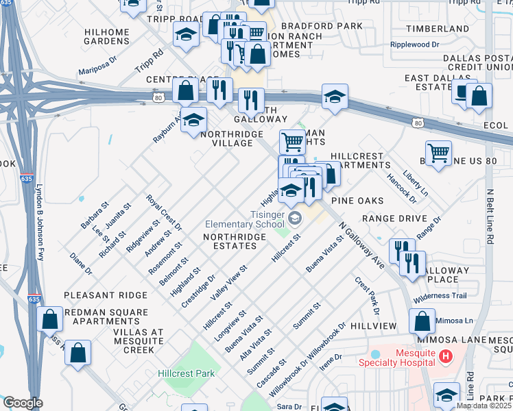 map of restaurants, bars, coffee shops, grocery stores, and more near 1717 Highland Street in Mesquite
