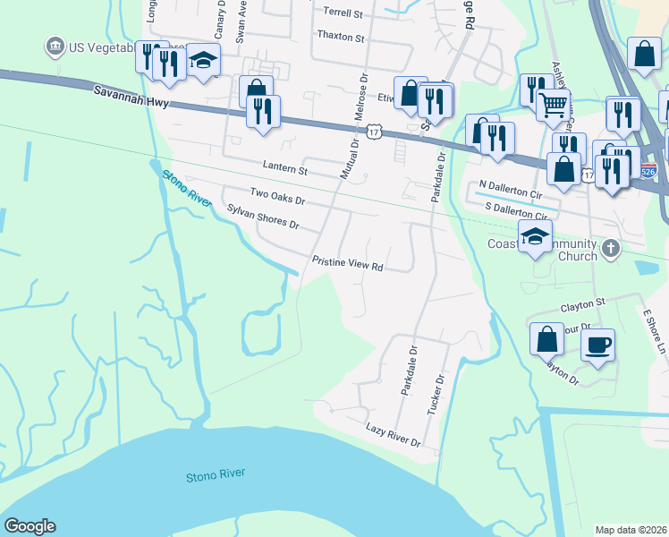 map of restaurants, bars, coffee shops, grocery stores, and more near 2335 Pristine View Road in Charleston