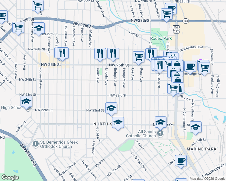 map of restaurants, bars, coffee shops, grocery stores, and more near 2307 Refugio Avenue in Fort Worth