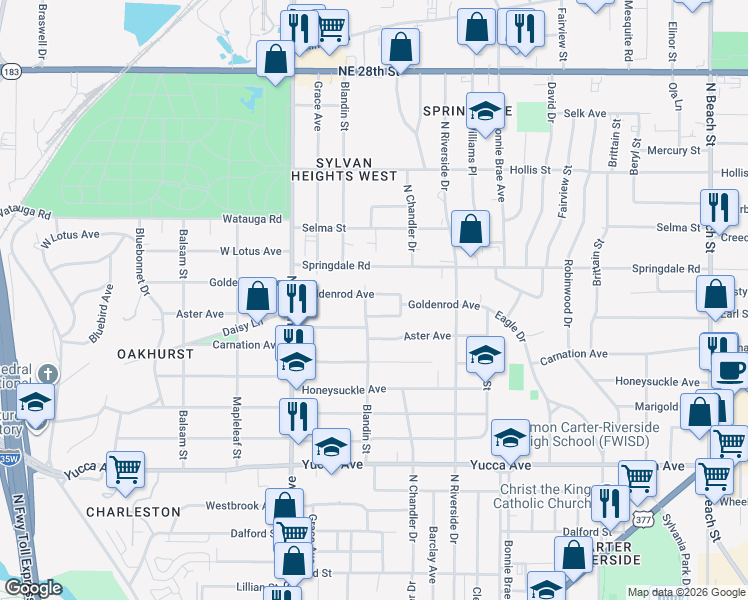 map of restaurants, bars, coffee shops, grocery stores, and more near 2804 Goldenrod Avenue in Fort Worth