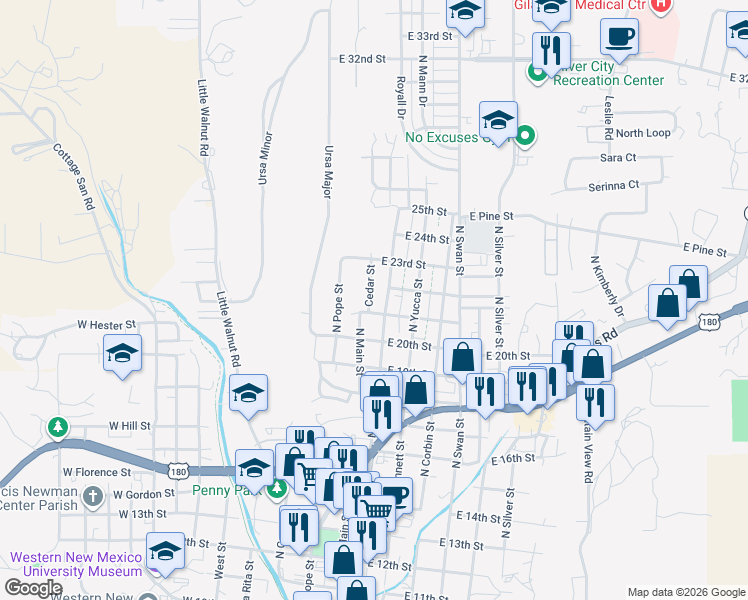 map of restaurants, bars, coffee shops, grocery stores, and more near 2111 North Juniper Avenue in Silver City