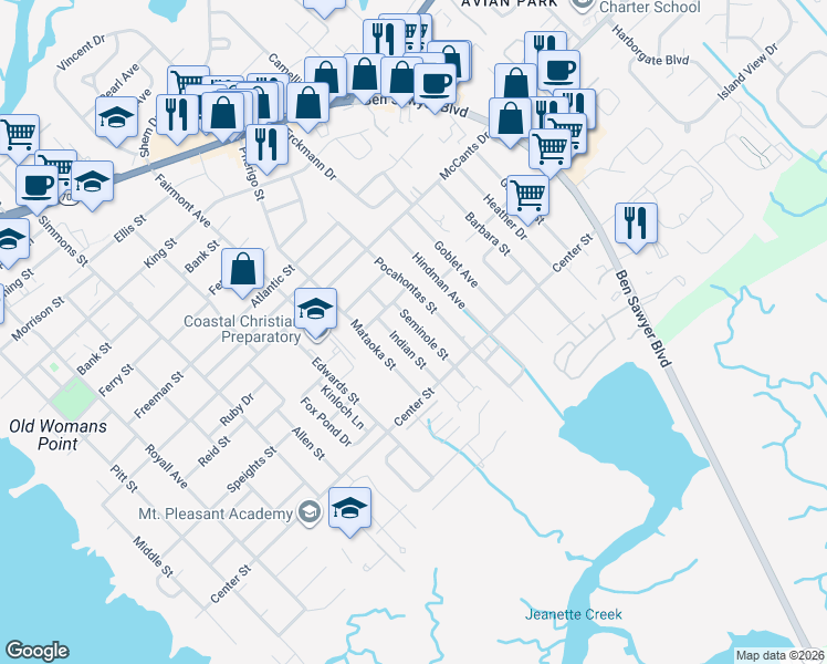 map of restaurants, bars, coffee shops, grocery stores, and more near 1459 Seminole Street in Mount Pleasant
