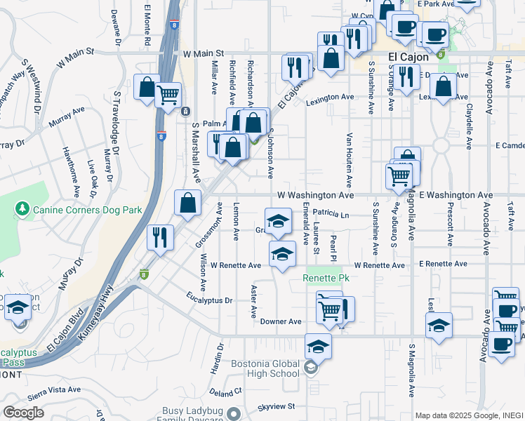 map of restaurants, bars, coffee shops, grocery stores, and more near 802 Loquat Court in El Cajon
