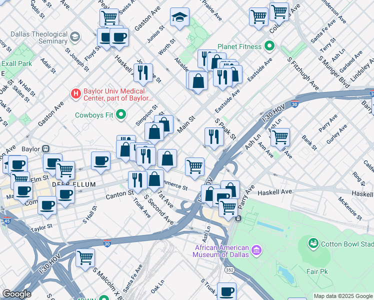 map of restaurants, bars, coffee shops, grocery stores, and more near 4002 South Hill Avenue in Dallas