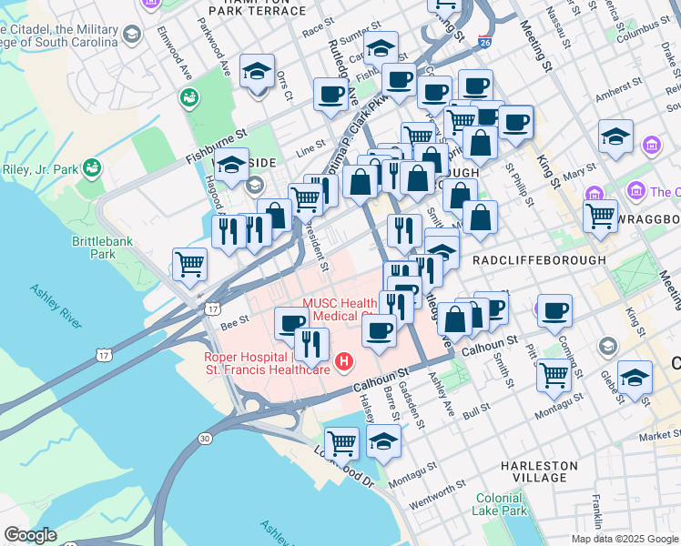 map of restaurants, bars, coffee shops, grocery stores, and more near 111 President Street in Charleston