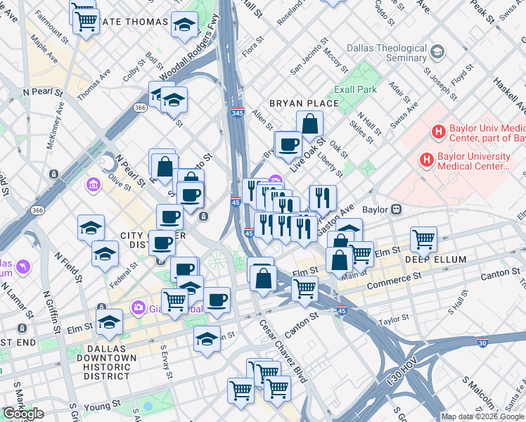 map of restaurants, bars, coffee shops, grocery stores, and more near 2502 Live Oak Street in Dallas