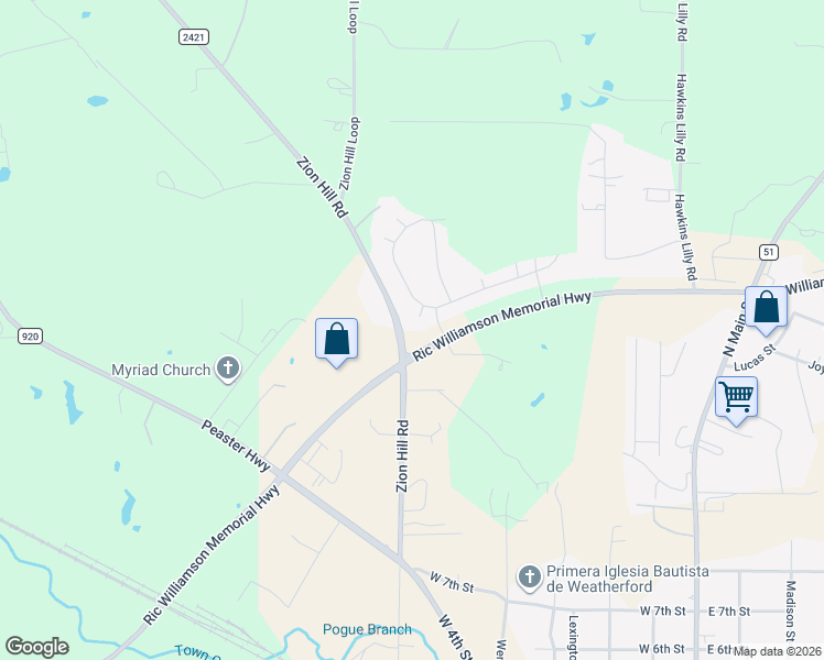 map of restaurants, bars, coffee shops, grocery stores, and more near 509 Zion Hill Road in Weatherford