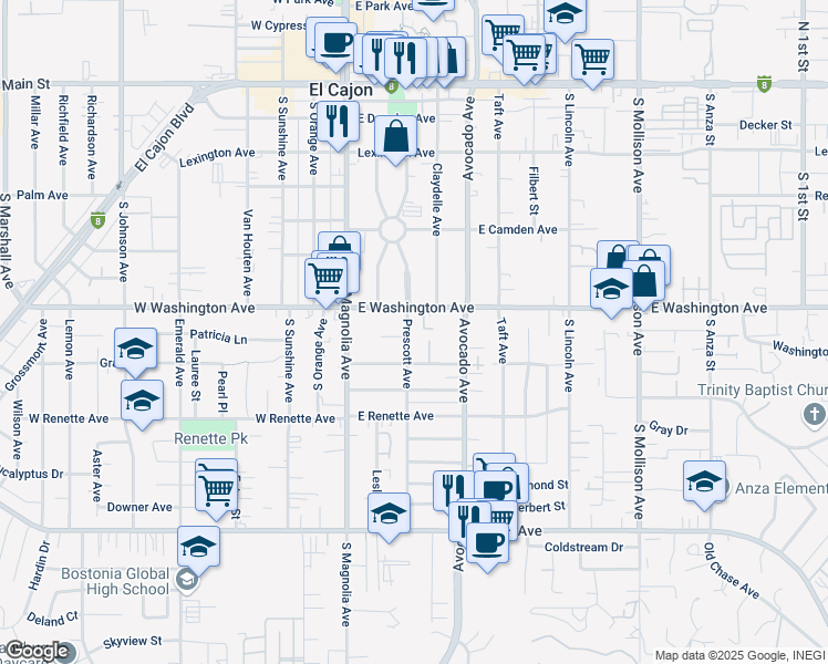 map of restaurants, bars, coffee shops, grocery stores, and more near 749 Prescott Avenue in El Cajon