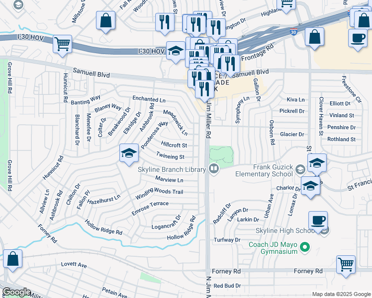 map of restaurants, bars, coffee shops, grocery stores, and more near 5816 Hillcroft Street in Dallas