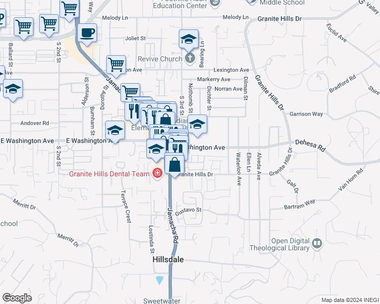 map of restaurants, bars, coffee shops, grocery stores, and more near 1509 East Washington Avenue in El Cajon